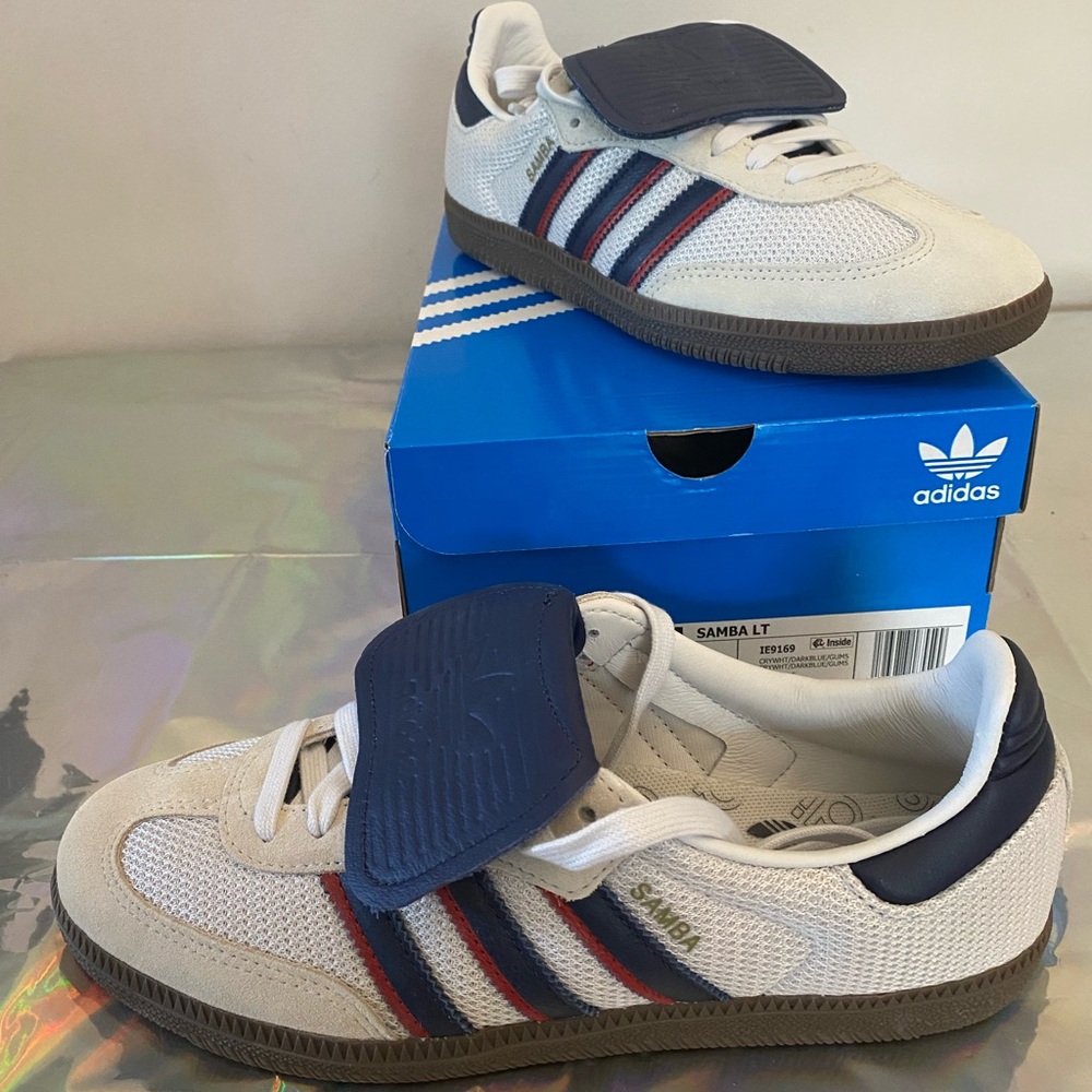 adidas Samba LT Sneakers in White with Navy & Red Stripes